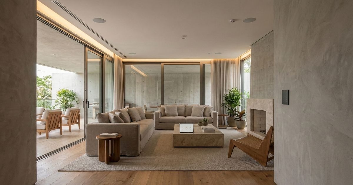 Automação no projeto arquitetônico integrada ao conceito, com tecnologia discreta e cenas de uso.