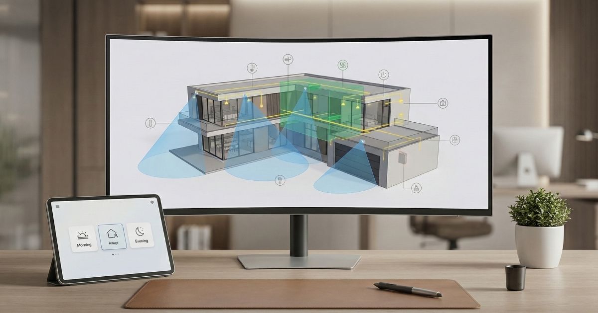 BIM e automação residencial integrados para modelar, simular e compatibilizar sistemas inteligentes.