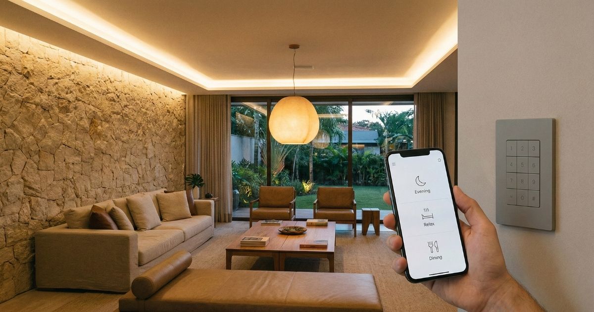 Iluminação inteligente com cenas para valorizar espaços e criar atmosferas no projeto.