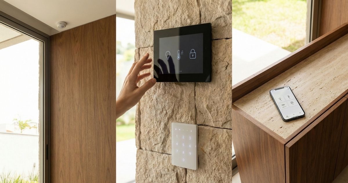Interfaces de automação residencial modernas com voz, app, painéis e sensores de presença.