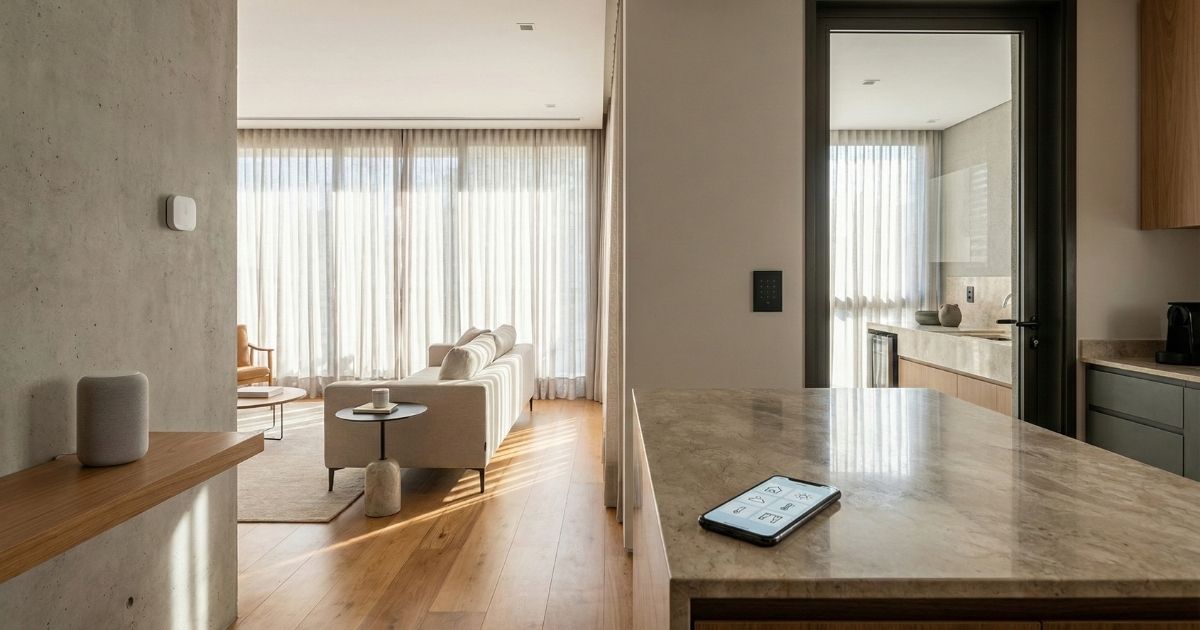 IoT residencial conectando iluminação, conforto e segurança com tecnologia discreta.
