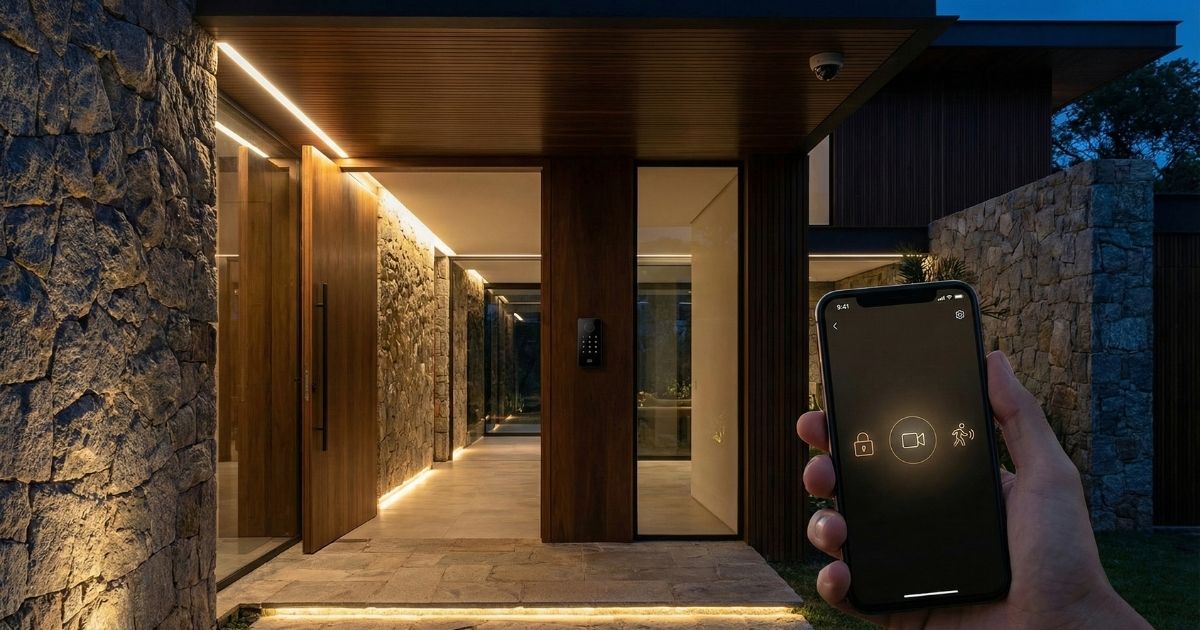 Segurança residencial inteligente com câmeras discretas, controle de acesso e automação integrada.